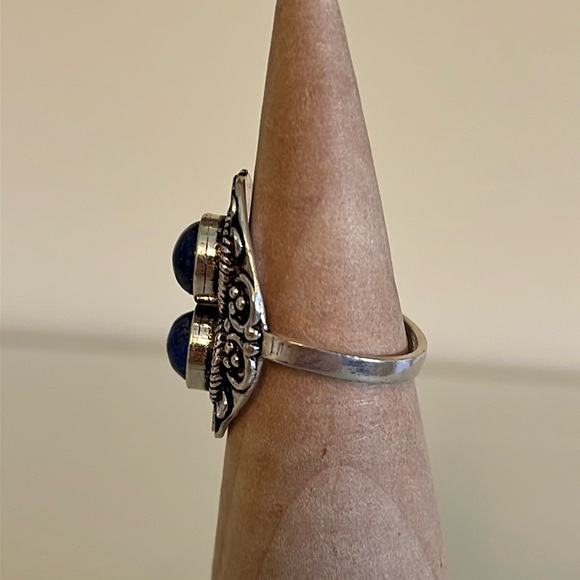 DOUBLE GEMSTONE RING SILVER OVERLAY LAPIS LAZULI SIZE 7.25 - Picture 3 of 6